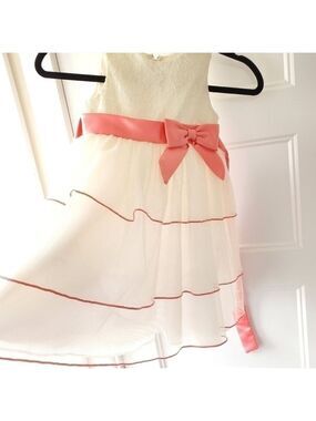 Kids Tulle Long Dress White and Peach Ribbon
